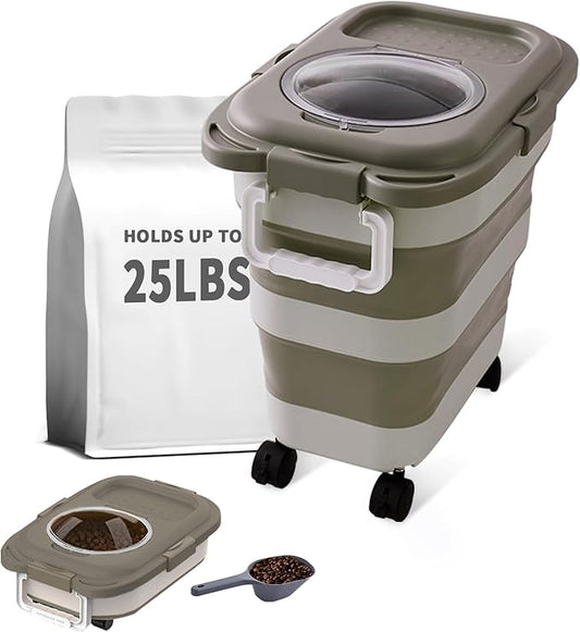 25 Lbs Dog Food Storage Container, Collapsible Dog Food Container with Scoop for Pet/Dog/Cat/Bird Food,Keep Dry Food Fresh,Easy to Move (Khaki)