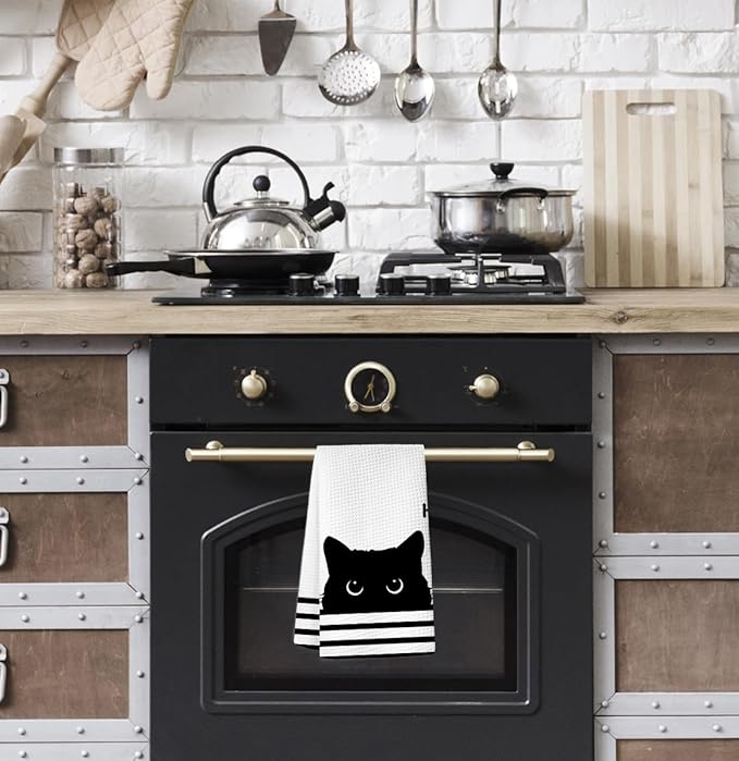 Black Cat Kitchen Towels, Funny Cat Decor for Home, Waffle Weave Microfiber Towel, 1624 Inches