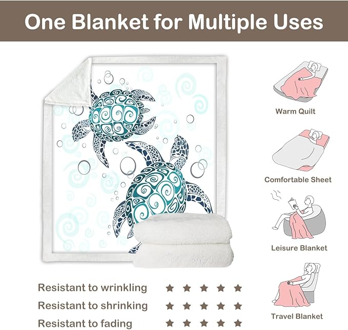 Sleepwish Sea Turtle Fleece Throw Blanket for Kids Soft Plush Aqua Blue Tortoise Sherpa Blanket for Couch Sofa Gift for Turtle Lovers, Throw (50" X 60")