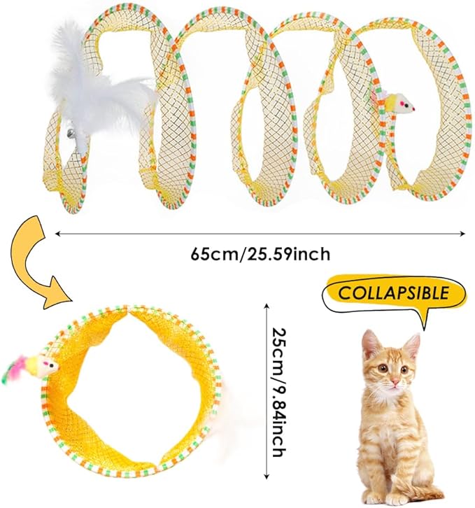 Cat Tunnel Spring Toy Cat Teaser Stick Collapsible, Kitten Tunnel Bored Pet Cat Hunting Play Tunnel with Feather Mouse Toys for Cat, Kitty, Kitten, Rabbit, Puppy (Yellow)