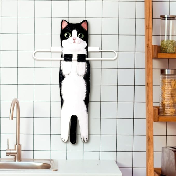 Hand Towels for Bathroom Kitchen,Cute Cat Quick-Dry Hanging Hand Towels Decorative for Bathroom Face Towels,Funny Gifts for Cat Lovers (Black-White)