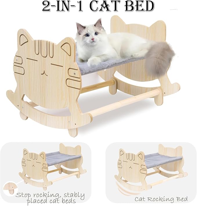 Cat Bed with Two Covers, Cat Hammock Bed with Two Usage Methods, Wooden Elevated Cat Bed, Removable Washable Small Dog Bed, Raised Cat Bed