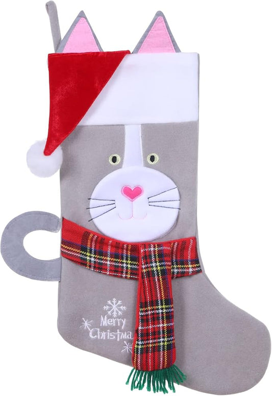 19.5'' Cute Pets 3D Christmas Stocking for Pets cat Xmas Holiday Pet Theme Gift (Gray-cat-Stocking)
