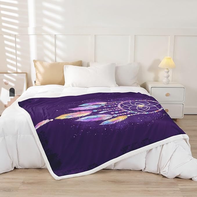 Luxury Dreamcatcher Plush Blanket Boho Dream Catcher Decor Sherpa Blanket Colorful Feather Fleece Throw Blanket for Sofa Couch Bed Room Decor Native American Purple Fuzzy Blanket Queen 90x90 Inch