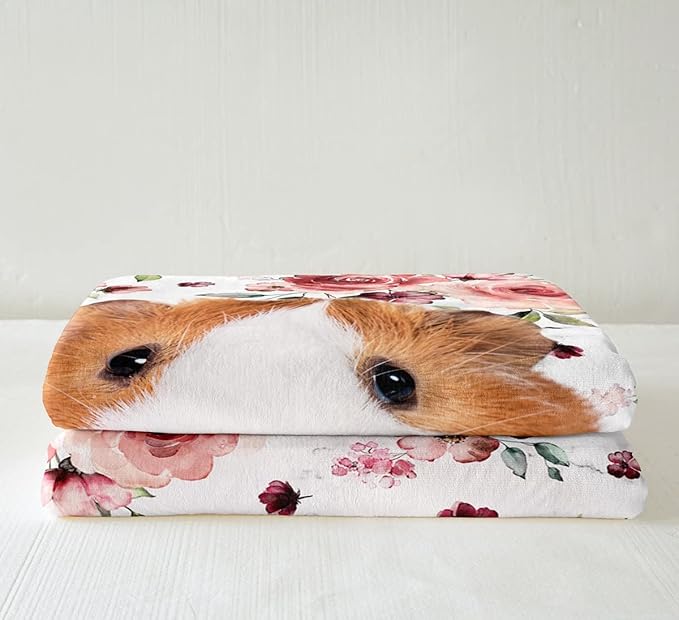Guinea Pig Sherpa Blanket for Boys & Girls - Twin Size, Cute Animal Print, Red Roses, Botanical Blossoms & Flowers, 3D Pattern, Kids Throw Blanket