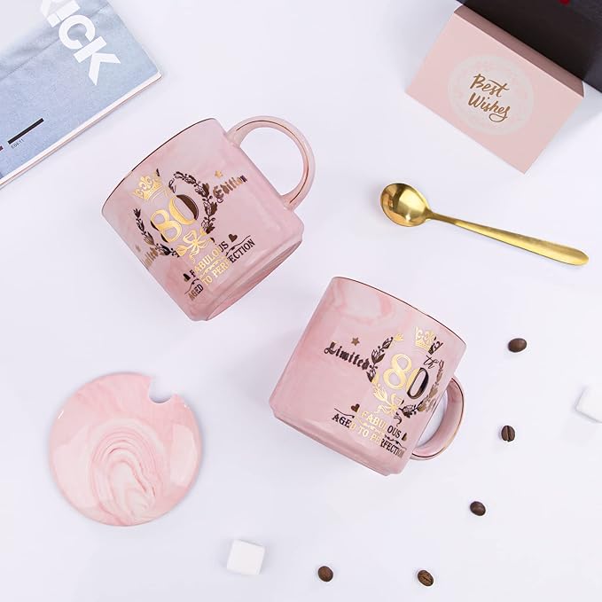 80th Birthday Gifts for Women, 14oz Pink Coffee Mug with Gold Pattern, Best Gifts for 80 Year Old Grandma, Mom, Sister, Friend, Fabulous 80 Limited Edition, 1943 Birthday Gifts for Women.