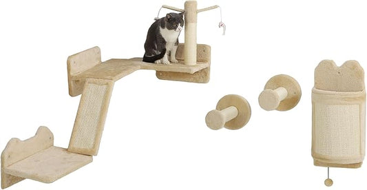 PawHut Cat Wall Shelves, 4PCs Corner Design Cat Wall Furniture with Scratching Post, Scratching Board, Perches, Cat Wands, Toy Ball, Cat Wall Climber for Indoor Cats Kittens, Beige