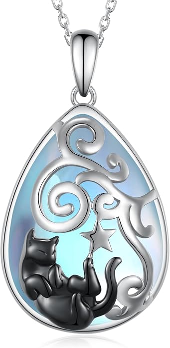 Black Cat Necklace 925 Sterling Silver Moonstone Black Cat Necklace Moonstone Cat Jewelry Gifts for Women