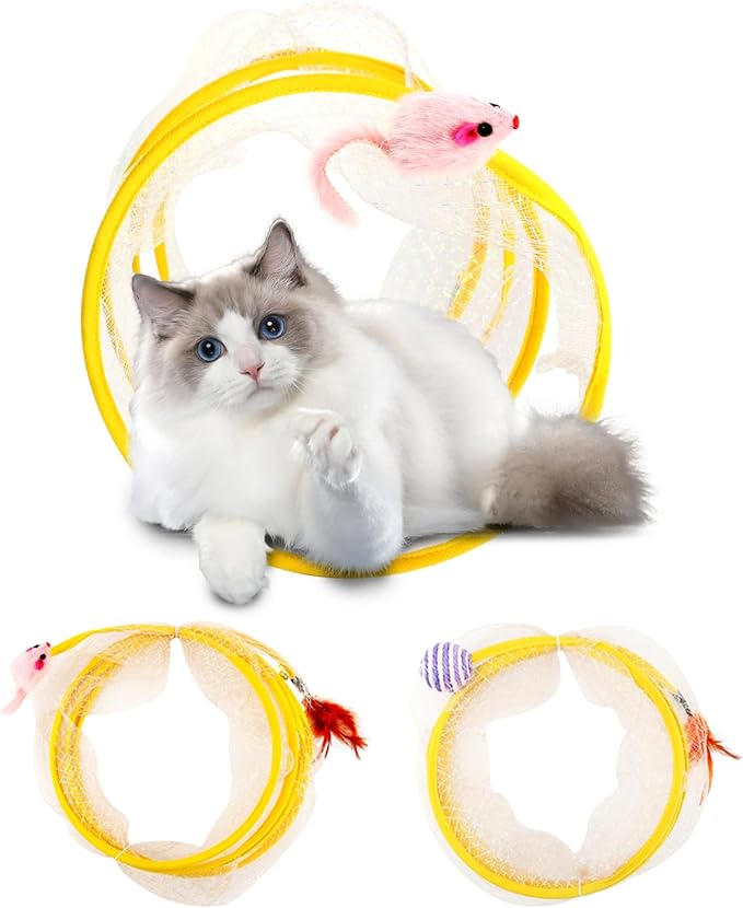 2Pcs Self Play Cat Hunting Spiral Tunnel Toy, Folded Cat Tunnel Toy Spiral Cat Toy, Cat Spring Toy Spiral Cat Toys, Indoor Cat Activity Structure with Feather(Yellow,Size:19.7inch)