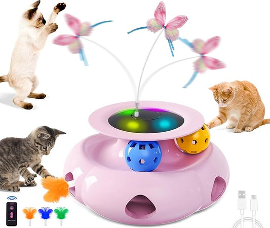 Cat Toys Interactive Rechargeable 3in1 Ambush Feather, Fluttering Butterfly, Track Balls, Touch Activated Automatic Kitten Toys for Indoor Cats