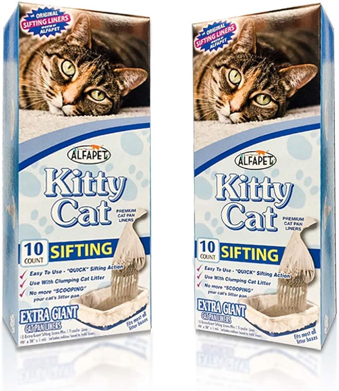 Alfapet Kitty Cat Pan Disposable, Sifting Liners- 20 count + 1 Transfer Liner-For Large, X-Large, Giant, Extra-Giant Size Litter Boxes-Included Rubber Band for Firm, Easy Fit - Pack of 2