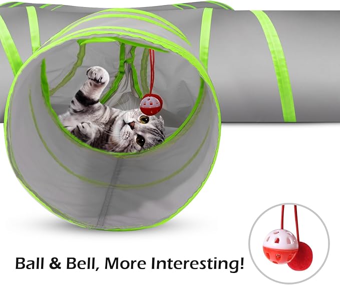 Pawaboo Cat Toys, Cat Tunnel Tube 5 Way Tunnels 25x53cm Extensible Collapsible Cat Play Tent Interactive Toy Maze Cat House with Balls and Bells for Cat Kitten Kitty Rabbit Small Animal, Grey+Green