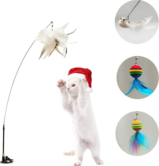 Cat Toys Interactive Cat Feather Wand , Powerful Suction Cup, 4Pcs Natural Feathers and1 Cat Wand Toy , for Indoor Kitty Old Cat Exercise