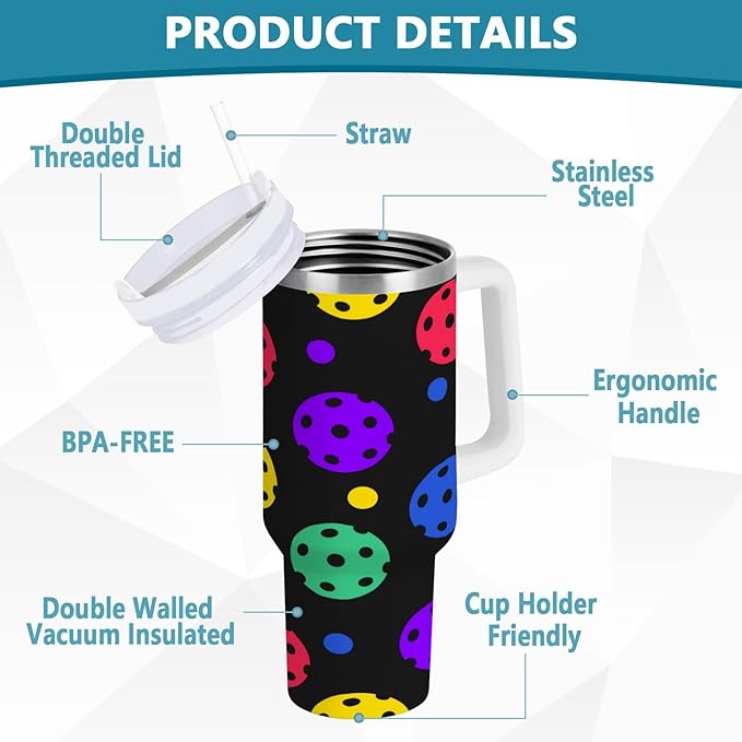 Boccsty Rainbow Pickleball Balls Insulated Tumblers Reusable Stainless Steel Tumbler 30 oz Cup Coffee Travel Mug Water Bottle with Handle & Flip Straw for Home Office Car