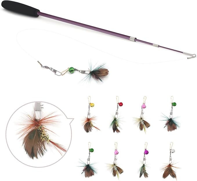 SONGWAY Cat Teaser Wand Toy - 10 Pieces Insect Cat Toy Set, Retractable Cat Wand Toy, Cat Teaser Wand Refills with Bell, Cat Feather Toys, Interactive Cat Toys for Indoor Cats