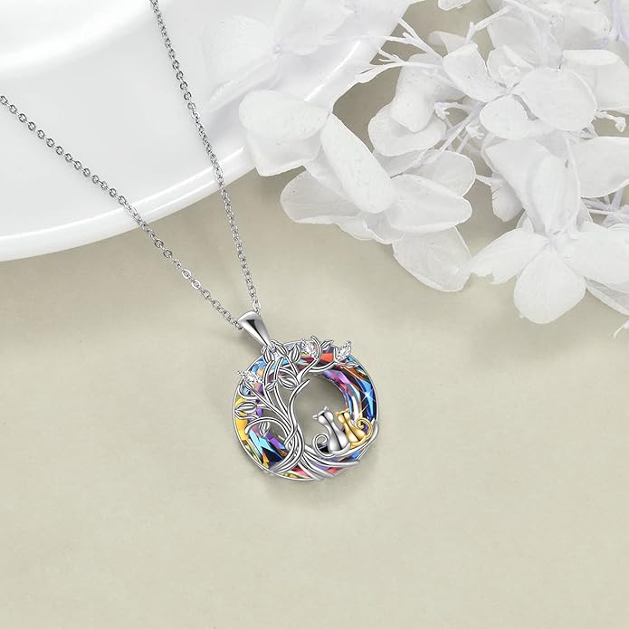 925 Sterling Silver Moon Black Cat Necklace for Women - Tree of Life Jewelry with Abalone Stone - Cat Lover Birthday Gift