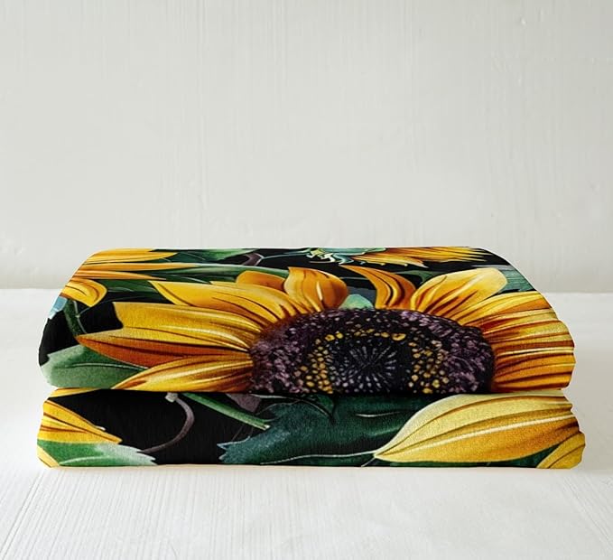 Sunflower Plush Blanket Floral Print Fleece Throw Blanket Blossom Flowers Pattern Sherpa Blanket for Sofa Couch Bed Botanical Branches Garden Fuzzy Blanket Room Decor Twin 60x80 Inch