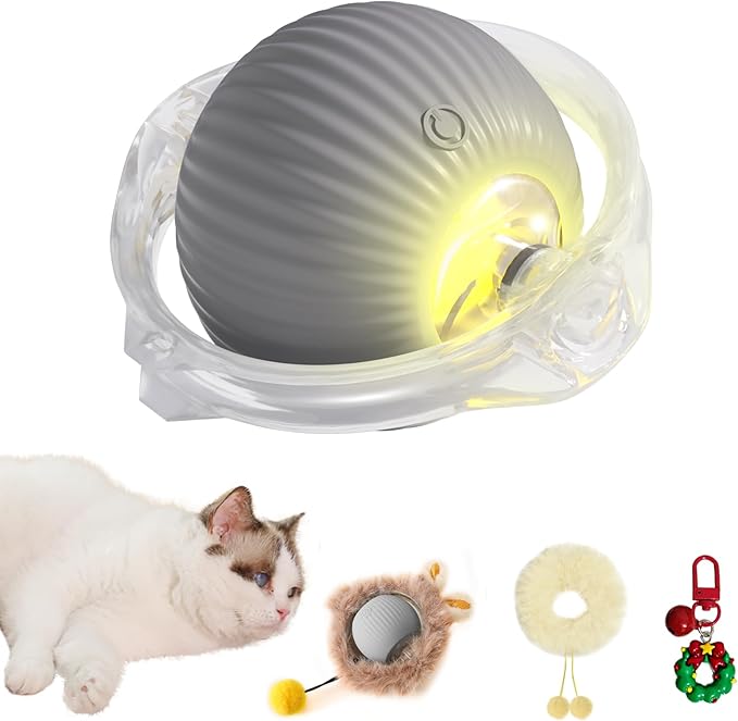 Smart Interactive Cat Toy Ball - Plush Smart Automatic Cat Toy with Light, Interactive Cat Toy for Indoor Cats, Cat Interactive Toy for Indoor Cats, USB Rechargeable, Auto On/Off(Grey)
