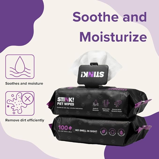 Stink! Plant Based Pet Wipes - Biodegradable - Dirt and Odor Control - Grooming Wipes for Easy Cleaning on Paws Body and Bum - Lavender Scented - 8" x 8" - 400 Count - Extra Thick Paw Wipes for Pets