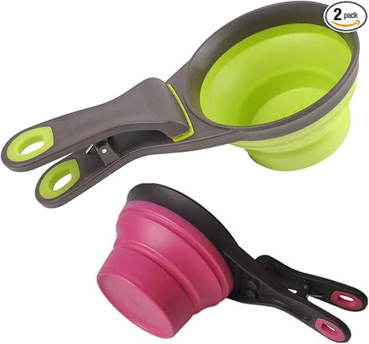 Collapsible Pet Scoop Silicone Measuring Cups Set Sealing Clip 3 in 1 Multi-Function Scoop Bowls Bag Clip for Dog Cat Food Water Set of 2 (1 Cup & 1/2 Cup Capacity) (Multicolor)