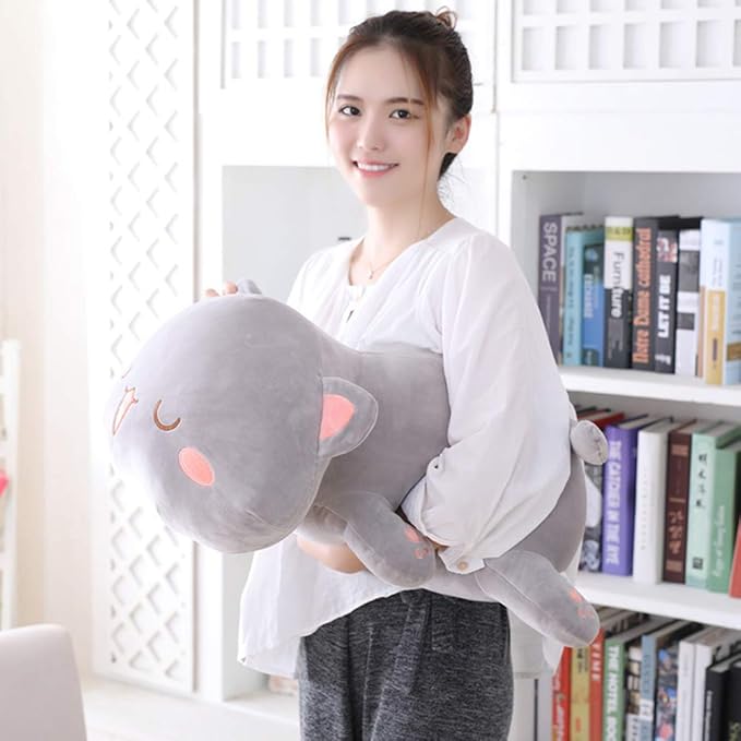 Cat Plush Hugging Pillow, Soft Kitten Cat Stuffed Animals Toy Gifts for Kids (Grey Squint Eyes, 25.5")