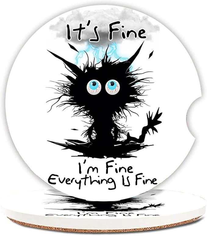 Car Coasters 2 Pack, Small 2.56" Ceramic Stone & Non-Scratch Cork Base Car Cupholder Absorbent Coaster Set for Women/Men Drink Cup Holder Coasters (I'm Fine Cat) BD-10