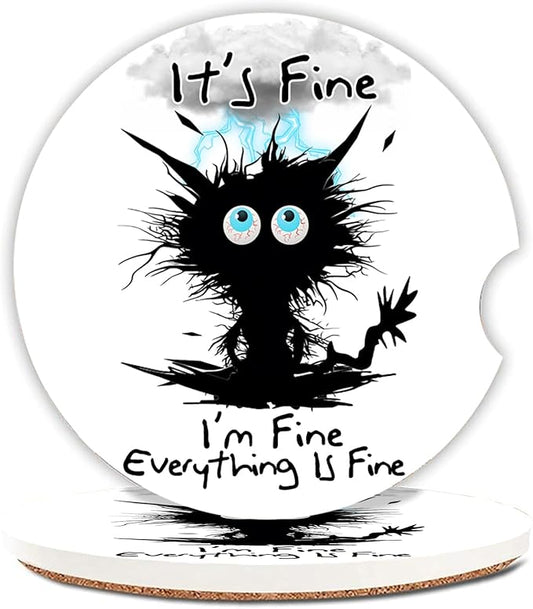 Car Coasters 2 Pack, Small 2.56" Ceramic Stone & Non-Scratch Cork Base Car Cupholder Absorbent Coaster Set for Women/Men Drink Cup Holder Coasters (I'm Fine Cat) BD-10