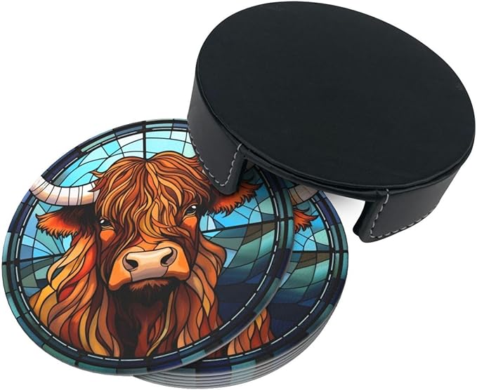 Highland Cow Drink Coaster Set of 6, Highland Cow Decor Gifts, Leather Drink Coasters with Holder, 6 Pack Cup/Bar/Drink Coasters for Table/Drinks/Coffee Protection Housewarming Gift