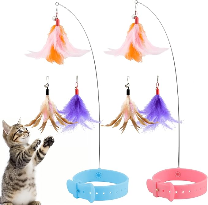 KALAMANDA Cat Collar Toy with Long Metal Rod, Upgraded Cat Feather Neck Collar Toy with 6 Replacement Refills, Interactive Self Playing Toys with Bell for Indoor Kittens Small Animals, Pink/Blue