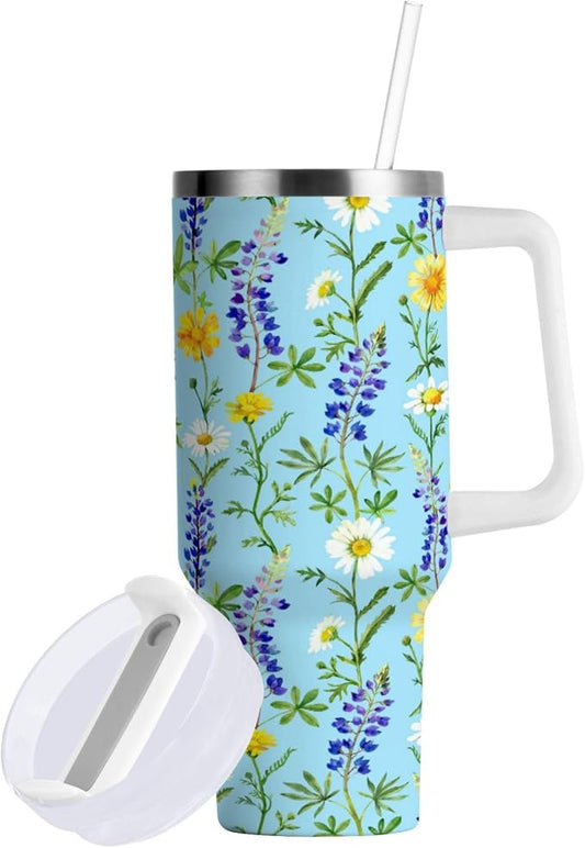Boccsty Bluebonnet Chamomile Floral Insulated Tumblers Reusable Stainless Steel Tumbler 40 oz Cup Coffee Travel Mug Water Bottle with Handle & Flip Straw for Home Office Car