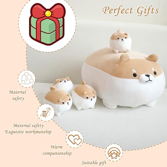 Shiba Inu Plush Kawaii Corgi Stuffed Animals with 4 Baby Corgi Plushies in Her Tummy, Soft Cotton Dog Plush Animal Pillow Gifts for Kids Boys and Girls