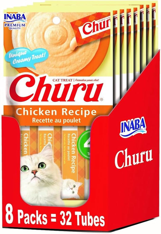 INABA Churu Lickable Purée Natural Cat Treats - Chicken Recipe (4 Servings per Package, 8 Packages) (32 Tubes)