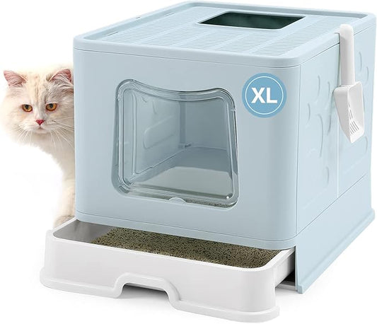Bolux Foldable Cat Litter Box with Lid, Extra Large Litter Box with Cat Litter Scoop, Drawer Type Cat Litter Pan Easy to Scoop & Low Tracking (Blue XL)