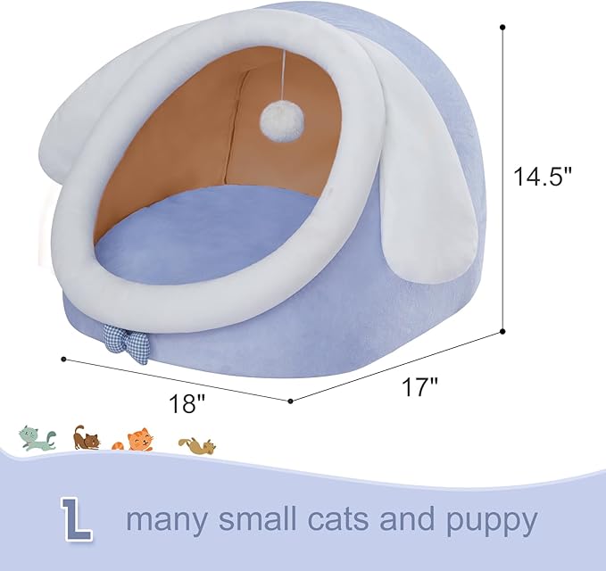 Jiupety Cute Cat Bed, Indoor Lovely Crystal Velvet Igloo for Cat and Small Dog, Warm Cat Bed Cave for Puppy and Kitten, Big Ear, L.