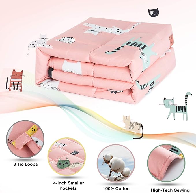 Sivio Weighted Blanket - 100% Cotton Heavy Blanket 7lbs, 41 x 60 inches, Washable Breathable Soft Throw Blanket for Calm Sleeping for Home and School Nap, Pink Cat