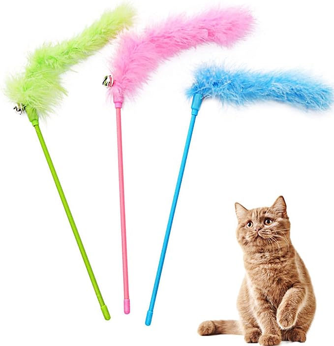 IUHKBH Cat Wand Toys, 3 PCS Interactive Cat Feather Toys Colorful Cat Teaser Wand with Bell for Cats and Kitties