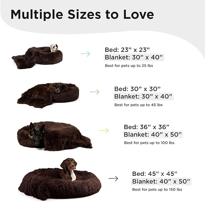 Best Friends by Sheri Bundle Set The Original Calming Shag Donut Cuddler Cat and Dog Bed + Pet Throw Blanket Dark Chocolate Extra Large 45" x 45"