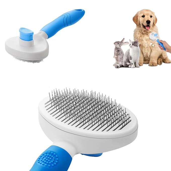 Brush for cats & dogs,self-cleaning pet brush,cat brush&dog brush, small dog brush,Pet Hair Grooming,Easy removes loose undercoat, fine needle (blue)