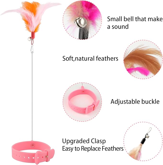KALAMANDA Cat Collar Toy with Long Metal Rod, Upgraded Cat Feather Neck Collar Toy with 6 Replacement Refills, Interactive Self Playing Toys with Bell for Indoor Kittens Small Animals, Pink/Blue