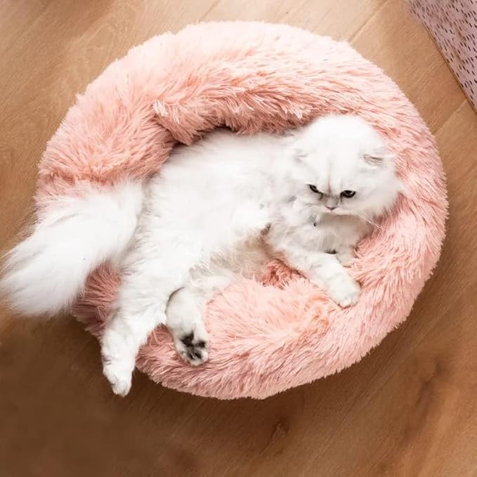 Cat Beds for Indoor Cats - Cat Bed Washable 20/24 inches, Dog Beds for Small Medium Dogs, Anti Anxiety Round Fluffy Plush Faux Fur Cat Bed, Thick Bottom (Pink, Medium)