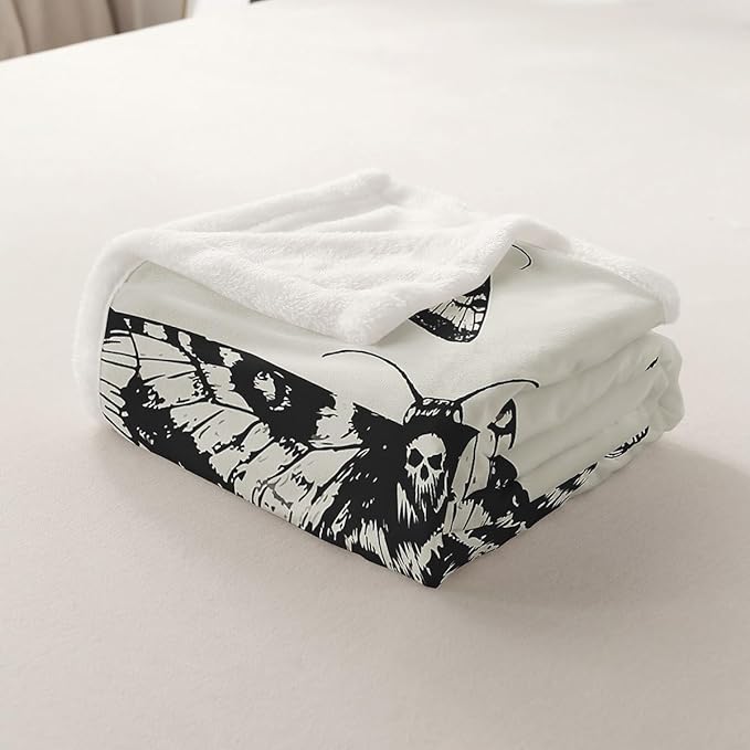 Gothic Skull Sherpa Blanket Decorative Death Moth and Flowers Plush for Bed Sofa Couch Decor Pesonalized Skeleton Bones Fleece Throw Blanket Black Cream Fuzzy Baby 30"x40"