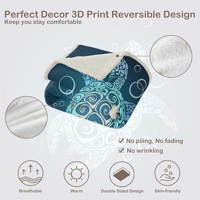 Sleepwish Sea Turtle Fleece Throw Blanket Soft Beach Theme Teal Turquoise Plush Sherpa Blanket for Couch Chair, Throw (50" X 60")