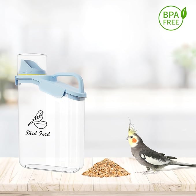Bird Seed Storage Container,2.8L Airtight Bird Food Container with Handle and Measuring Cup,Portable Pet Food Container for Wild Bird Sunflower Seed-BPA Free Transparent/Blue