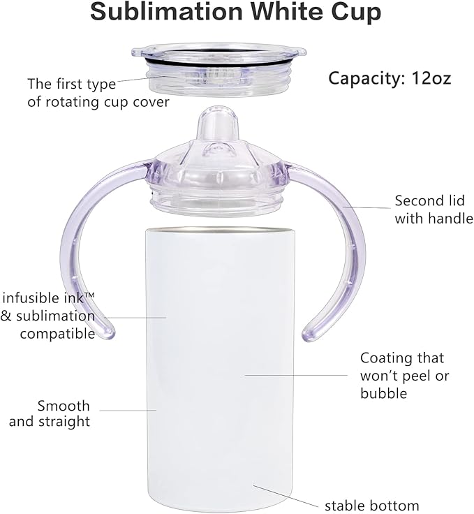 2 Pack Sublimation Blank Sippy Cup Tumblers with Handles Straight Stainless Steel Insulated Skinny Tumblers with Splash-proof Lid 12 oz Shatterproof Water Tumbler