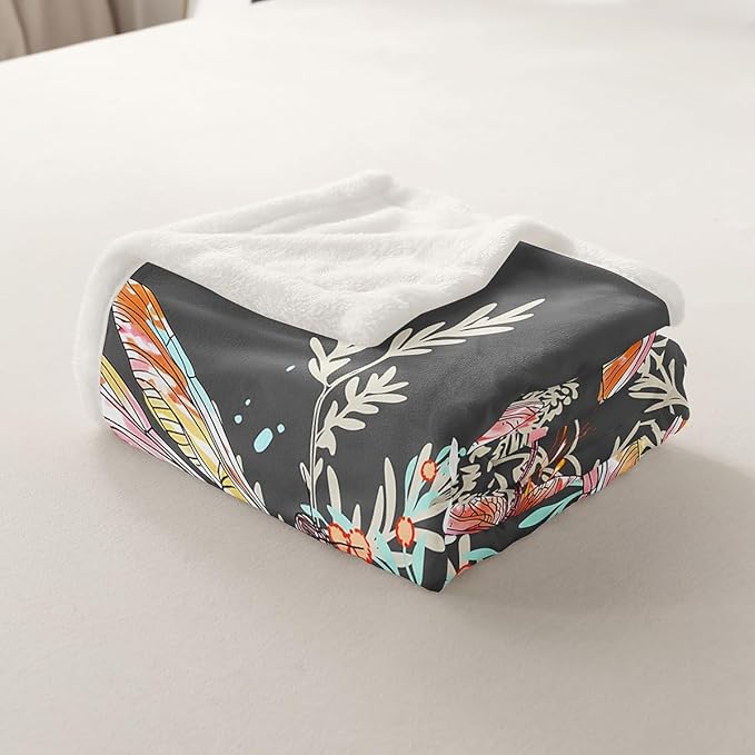 Feelyou Dragonfly Sherpa Blanket Twin 60x80 Inches Botanical Floral Fleece Throw Blanket for Kids Girls Teens Women Bedroom Decor Nature Animals Branches for Sofa Bed Couch Grey