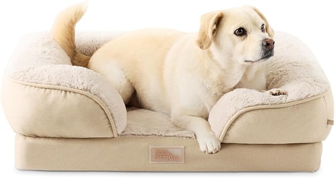 TOWN & COUNTRY EVERYDAY CuddleTown Comfy Solid Bolster Sofa Pet Bed, Supportive & Calming Egg Crate Foam, Water Repellent, Non-Slip Bottom, Machine Washable Cover, Beige, Medium 28"x23"x8"