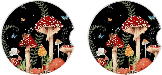2 Pack Cute Mushroom Pattern Absorbent Car Coasters for Cup Holders,2.56" Ceramic Coasters with Cork Back and Finger Slot,Auto Accessories for Women & Men.