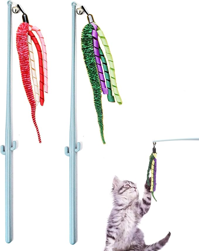 IUHKBH Cat Wands, 2 PCS Interactive Cat Teaser Wand Cat Worm Toys with Ribbon and Bell Pretty Cat Stick Toys for Cats Kittens