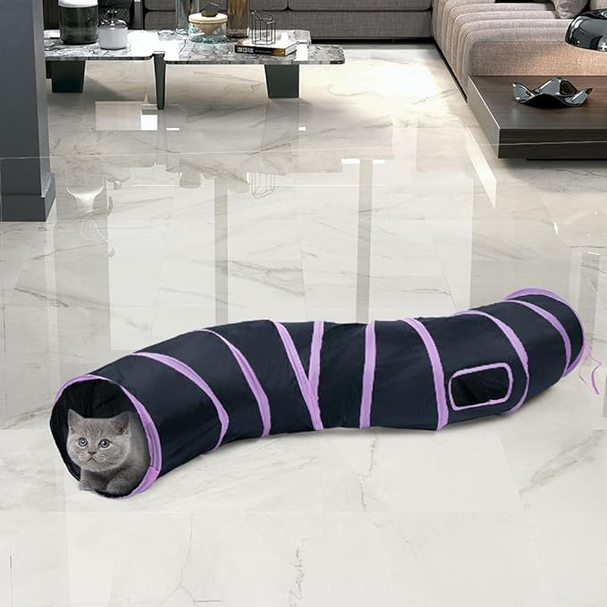 Sheldamy Cat Tunnel, S-2-Way Cat Tunnels for Indoor Cats, Collapsible Cat Play Tunnel, Interactive Toy Maze Cat House with 1 Play Ball for Cats, Puppy, Kitty, Kitten, Rabbit (Pink & Black)