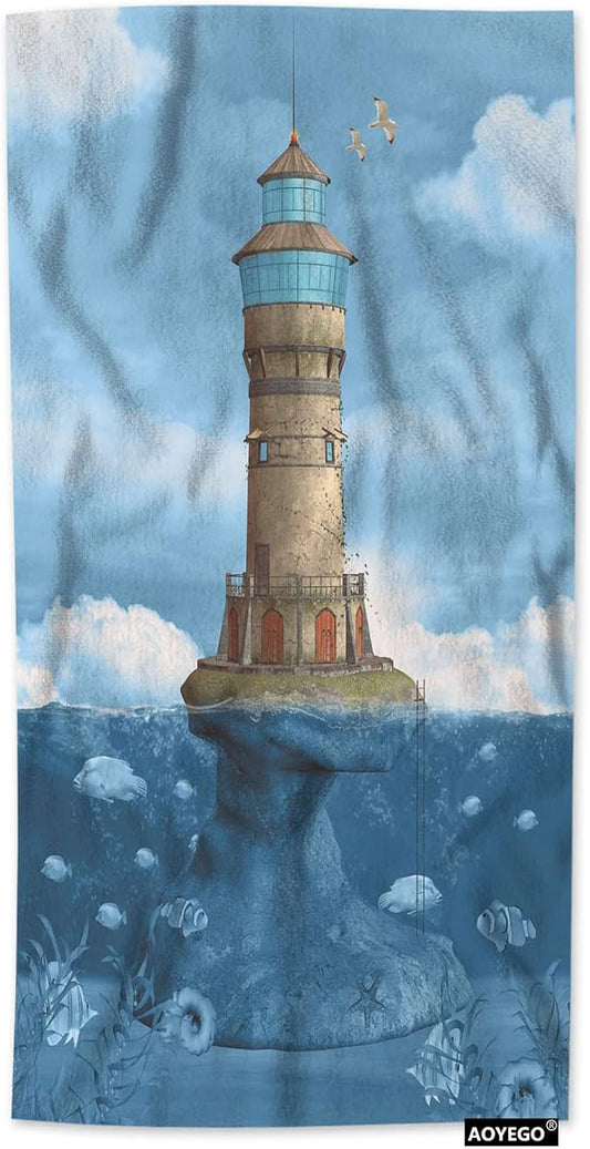 AOYEGO Lighthouse Hand Towel Aqua Blue Ocean Water Coast Reef Seagull Algae Fish Bubble Cloud Rock Beach Bath Towels Soft Microfiber Yoga/Golf/Swim/Hair/Face Towels 15x30 Inch